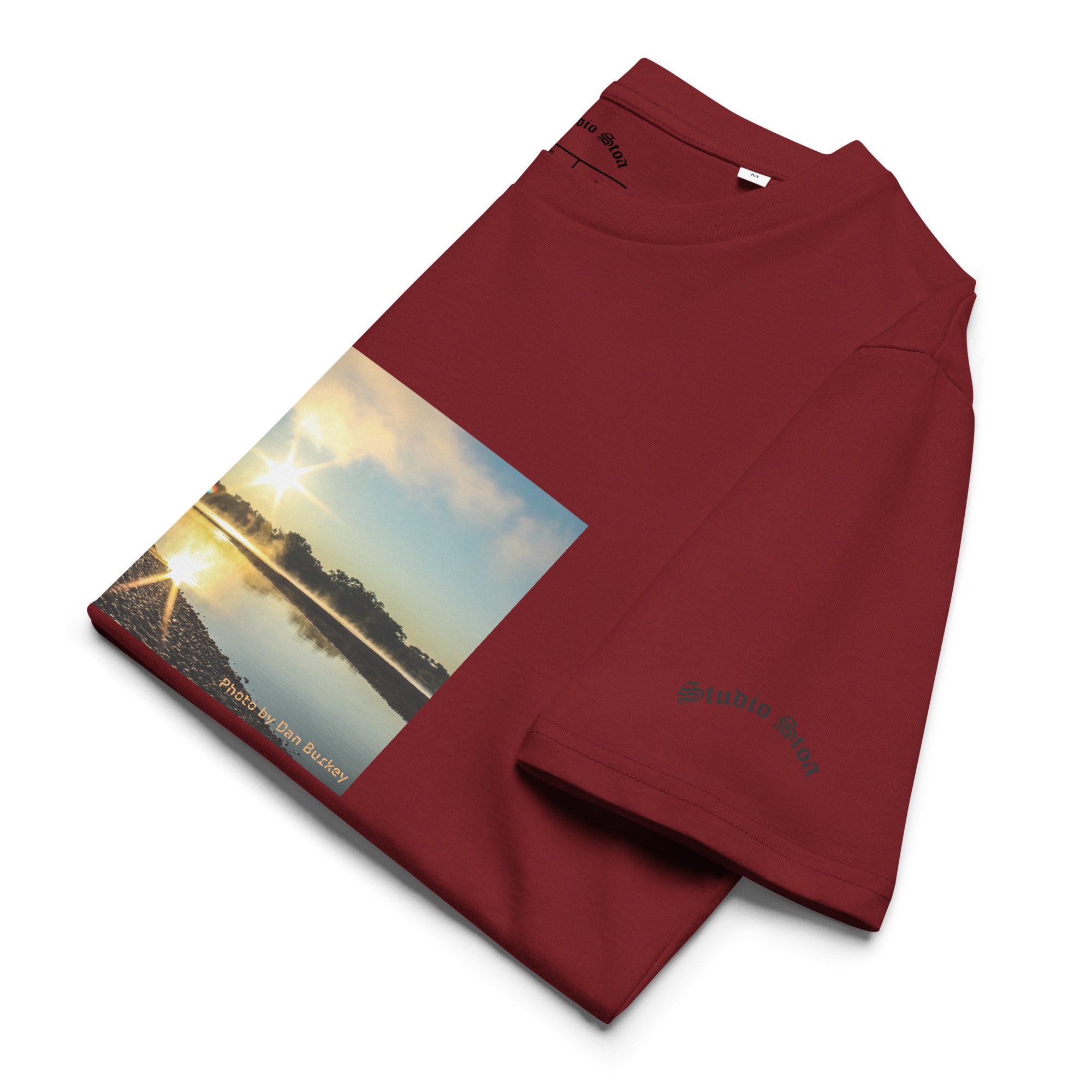 Burgundy folded Studio Stoa theoria collection yellowstone river sunrise photo graphic tee 