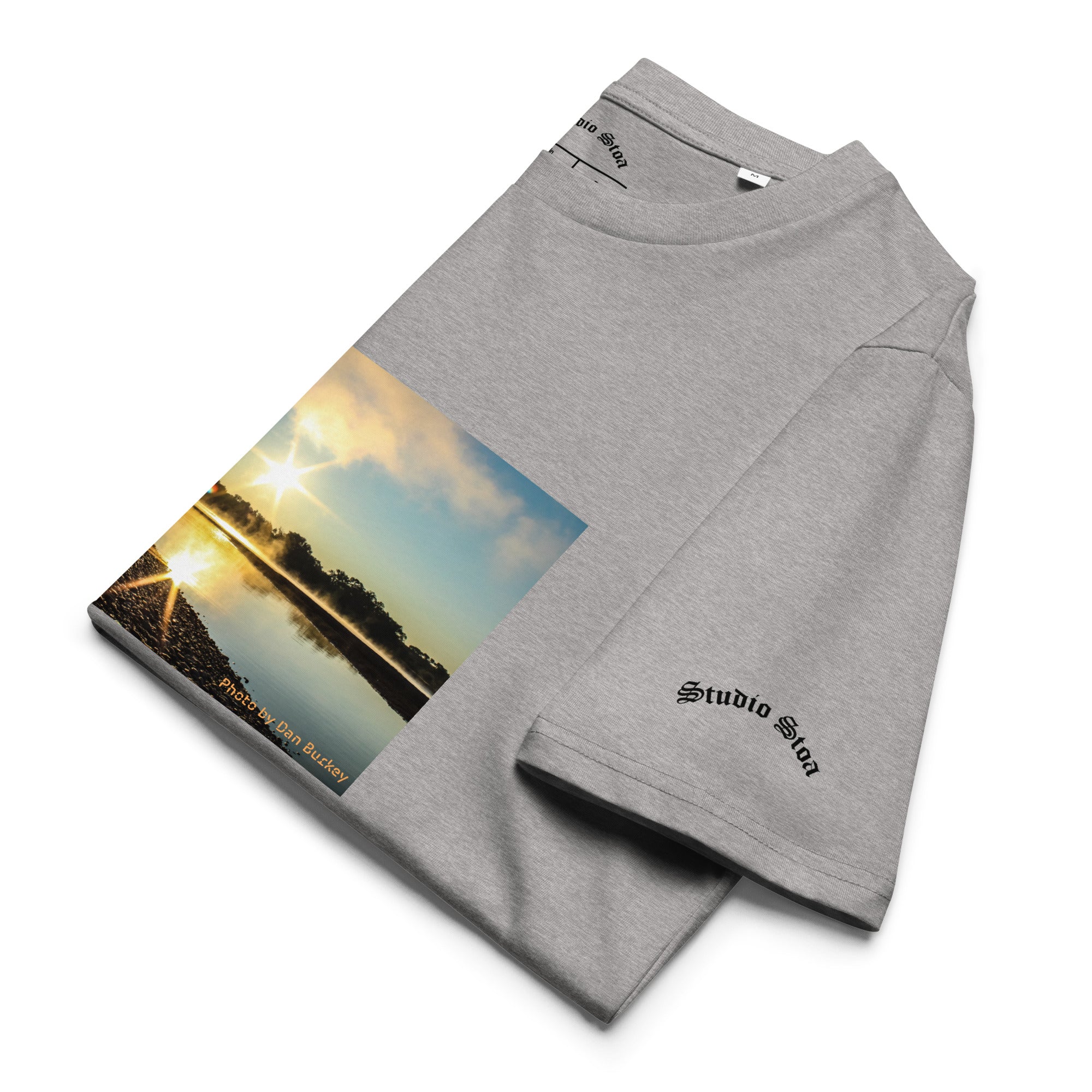 heather grey color folded Studio Stoa theoria collection yellowstone river sunrise photo graphic tee 