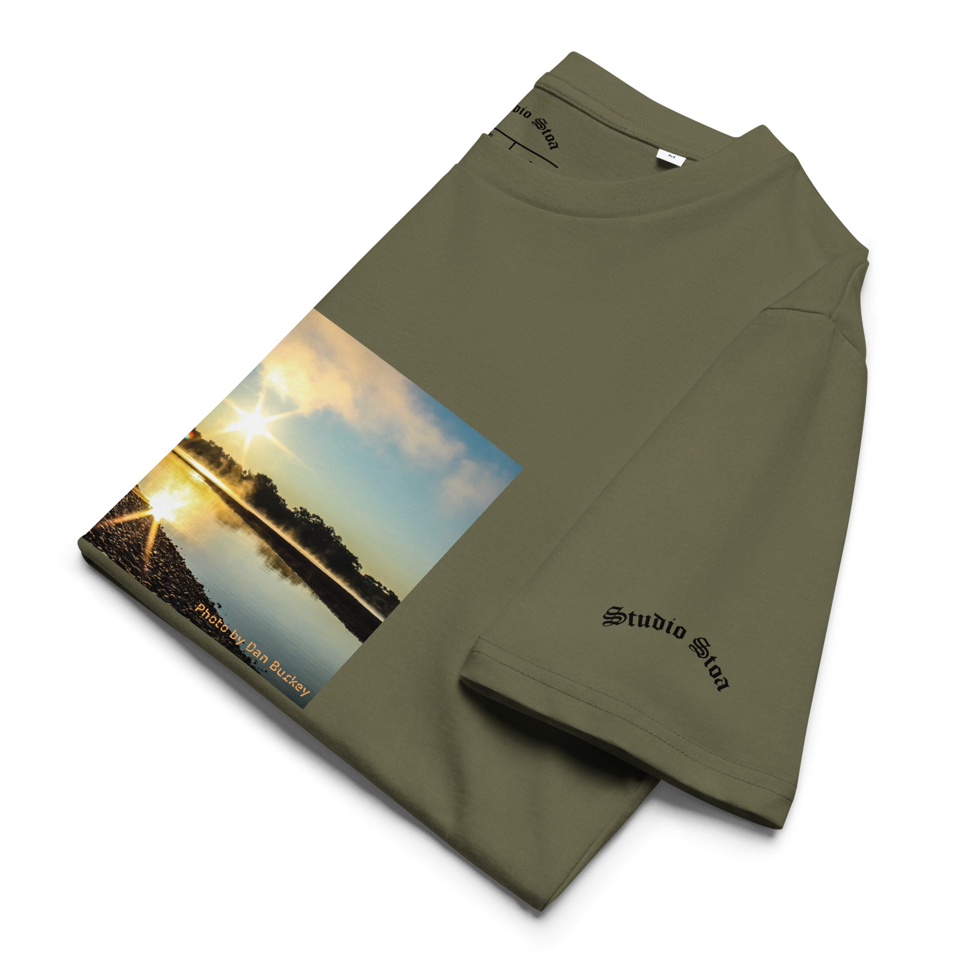 khaki color folded Studio Stoa theoria collection yellowstone river sunrise photo graphic tee 