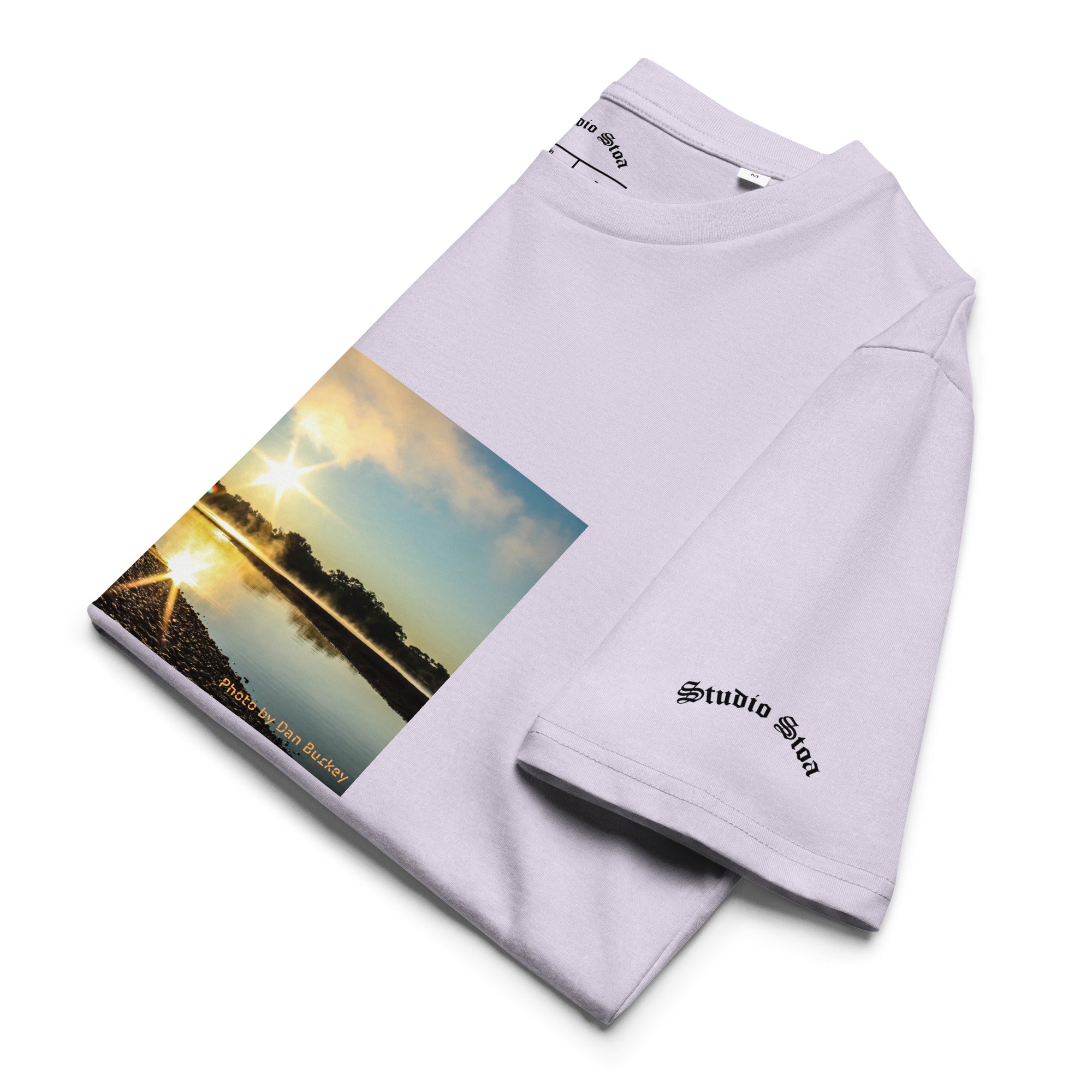 lavender color folded Studio Stoa theoria collection yellowstone river sunrise photo graphic tee 