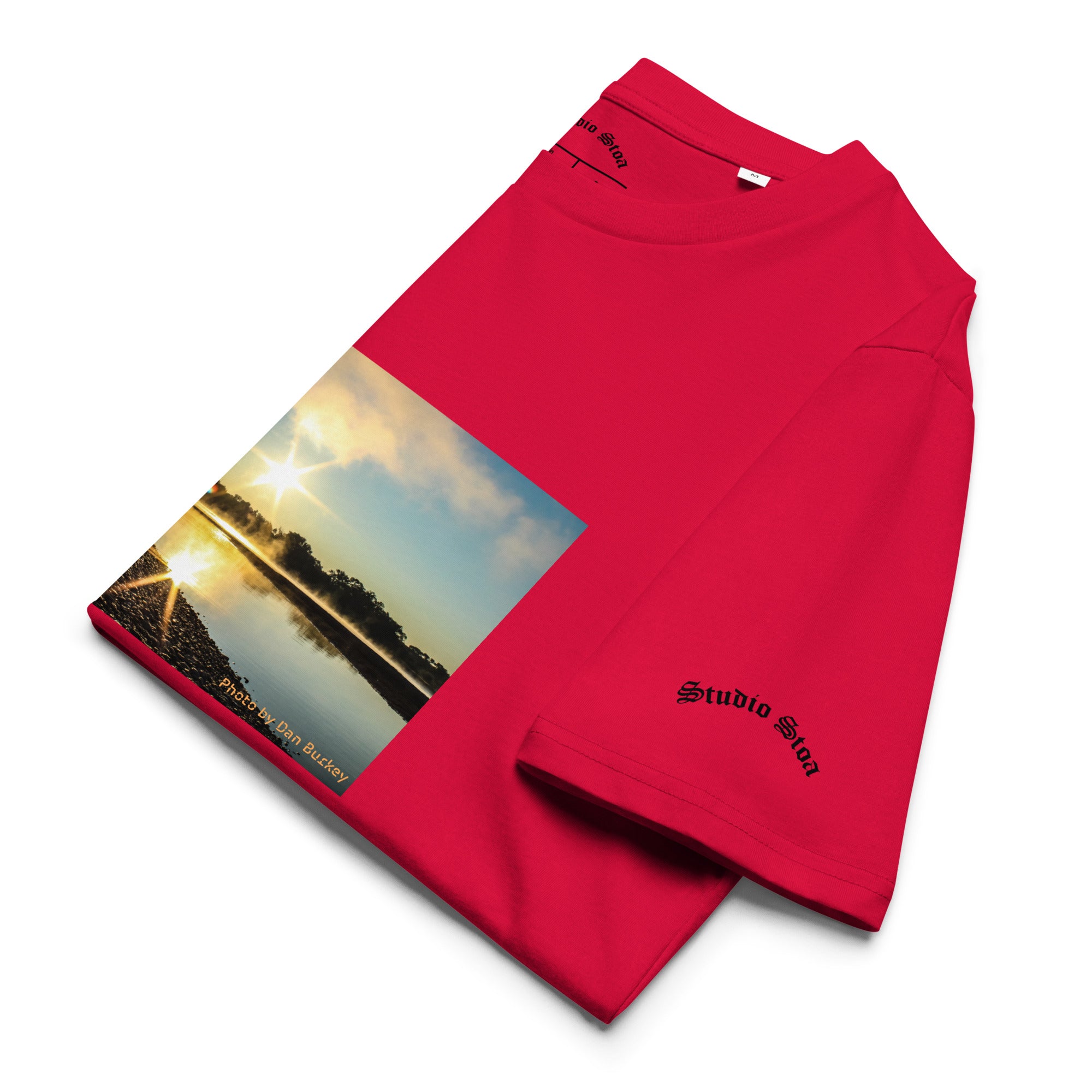 Red folded Studio Stoa theoria collection yellowstone river sunrise photo graphic tee 
