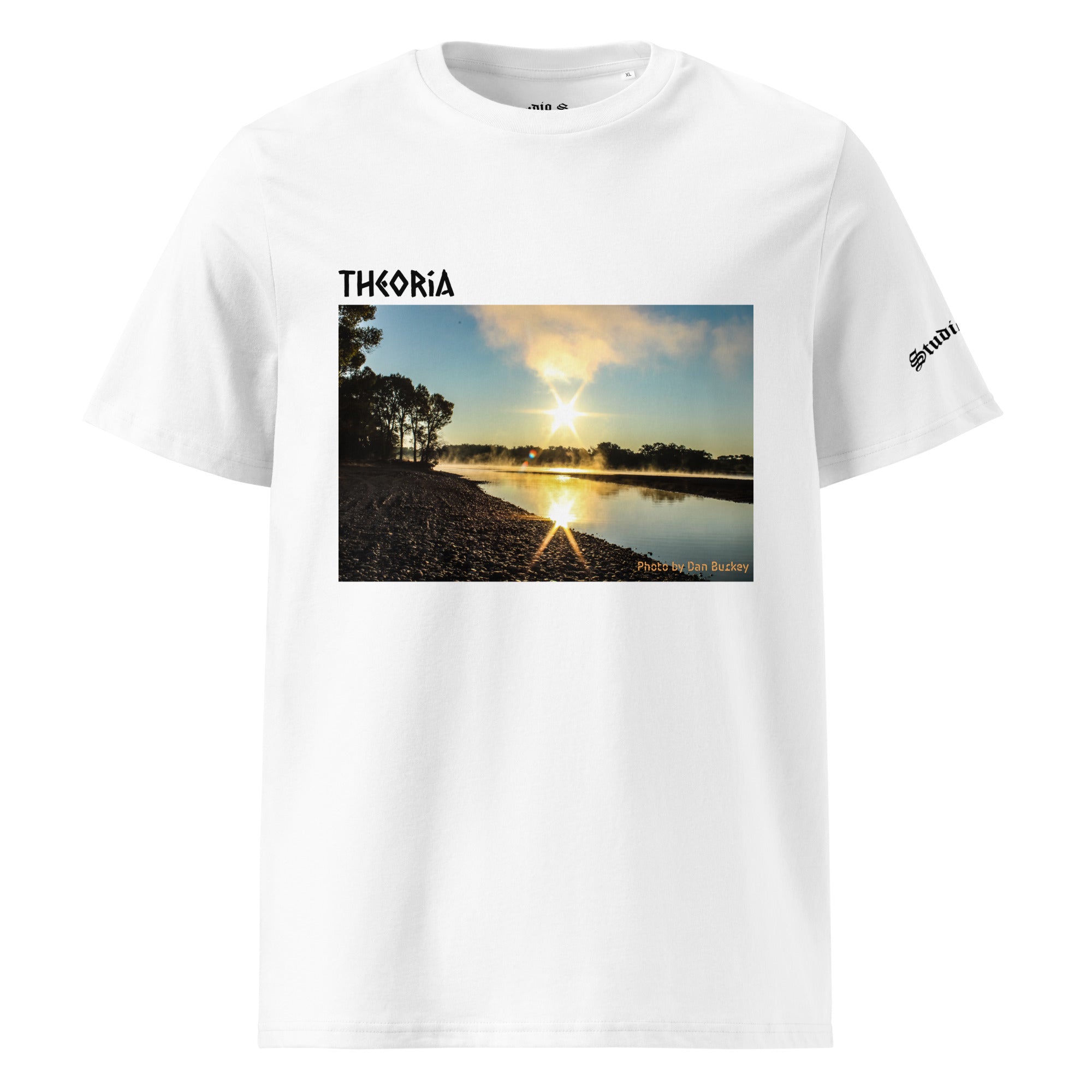Studio Stoa White t-shirt with a Yellowstone river sunrise photo graphic by Dan Burkey