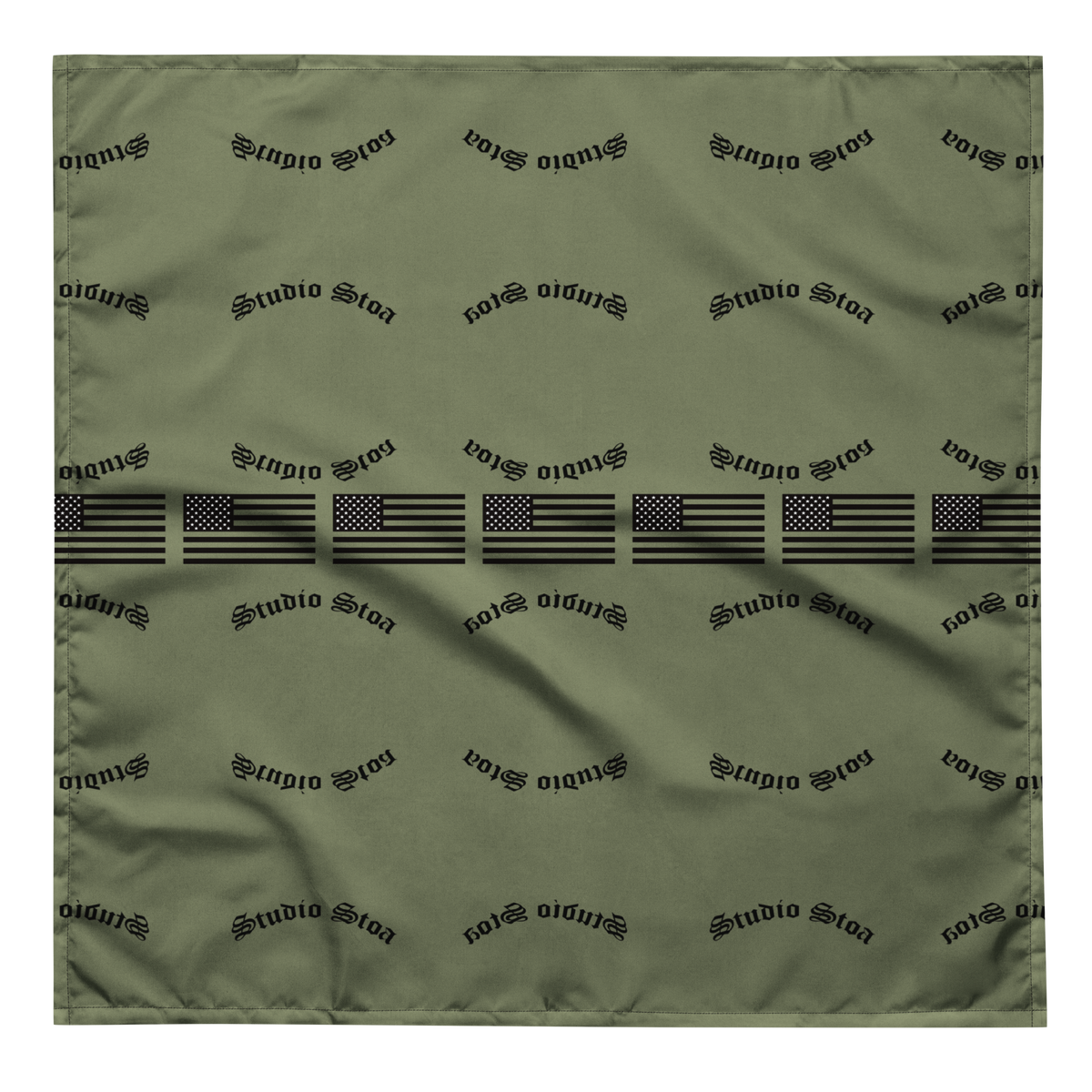 An olive green square scarf featuring a horizontal black-and-white American flag stripe pattern across the center, with a repeating black 'studio 1912' logo printed all over the fabric.
