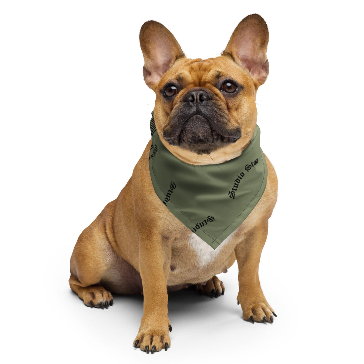 A dog wearing an olive green square bandana featuring a horizontal black-and-white American flag stripe pattern across the center, with a repeating black 'studio stoa' logo printed all over the fabric.