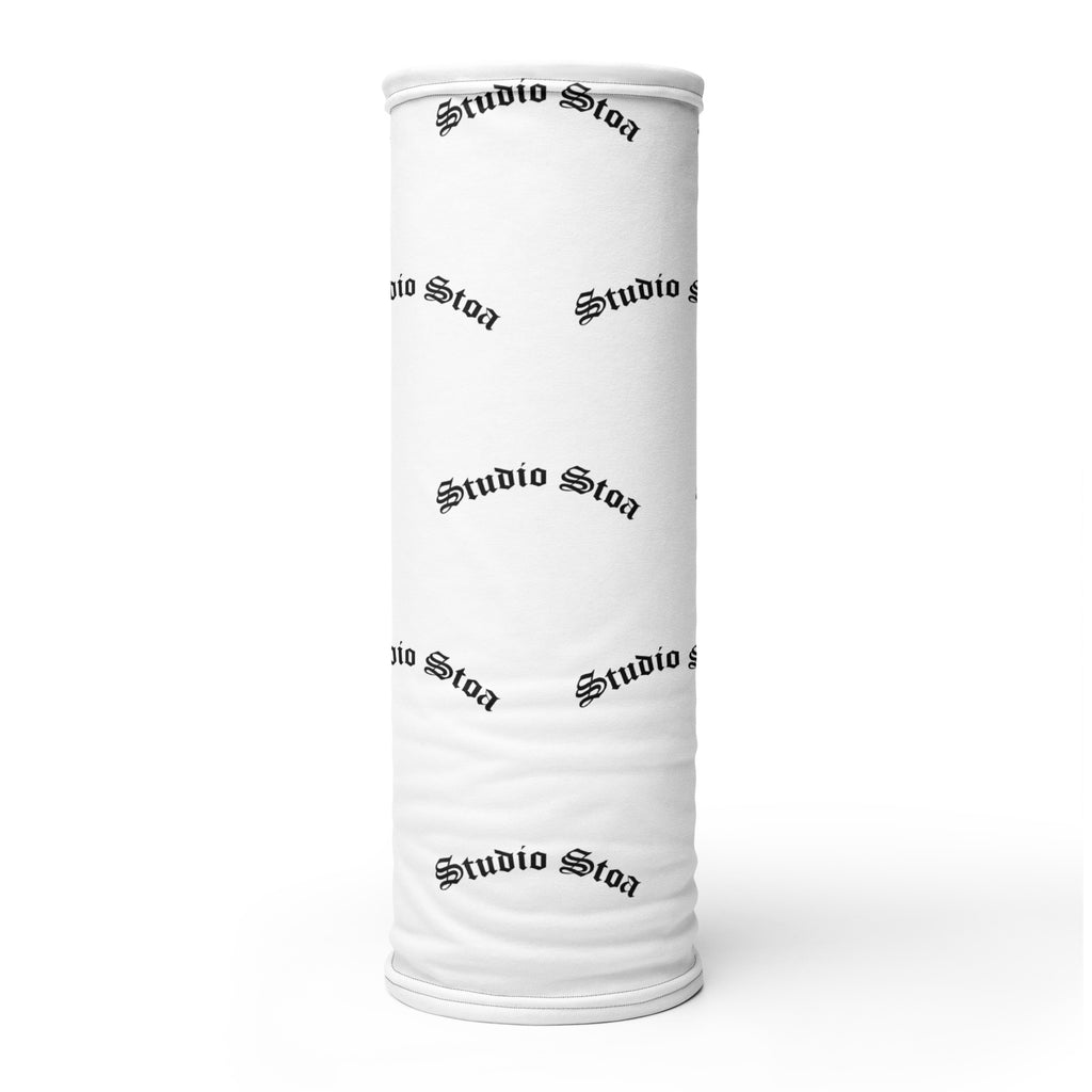 A white tubular neck gaiter or face covering with a repeating black 'Studio Stoa' logo pattern, shown on a clean white background.