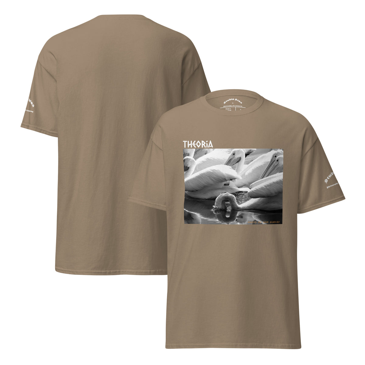 Front and back views of a light brown short-sleeve t-shirt. The front features a black and white graphic print of pelicans with the word 'THEORIA' printed in white above it.