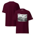 Front and back views of a maroon short-sleeve t-shirt. The front features a black and white graphic print of pelicans with the word 'THEORIA' printed in white above it.
