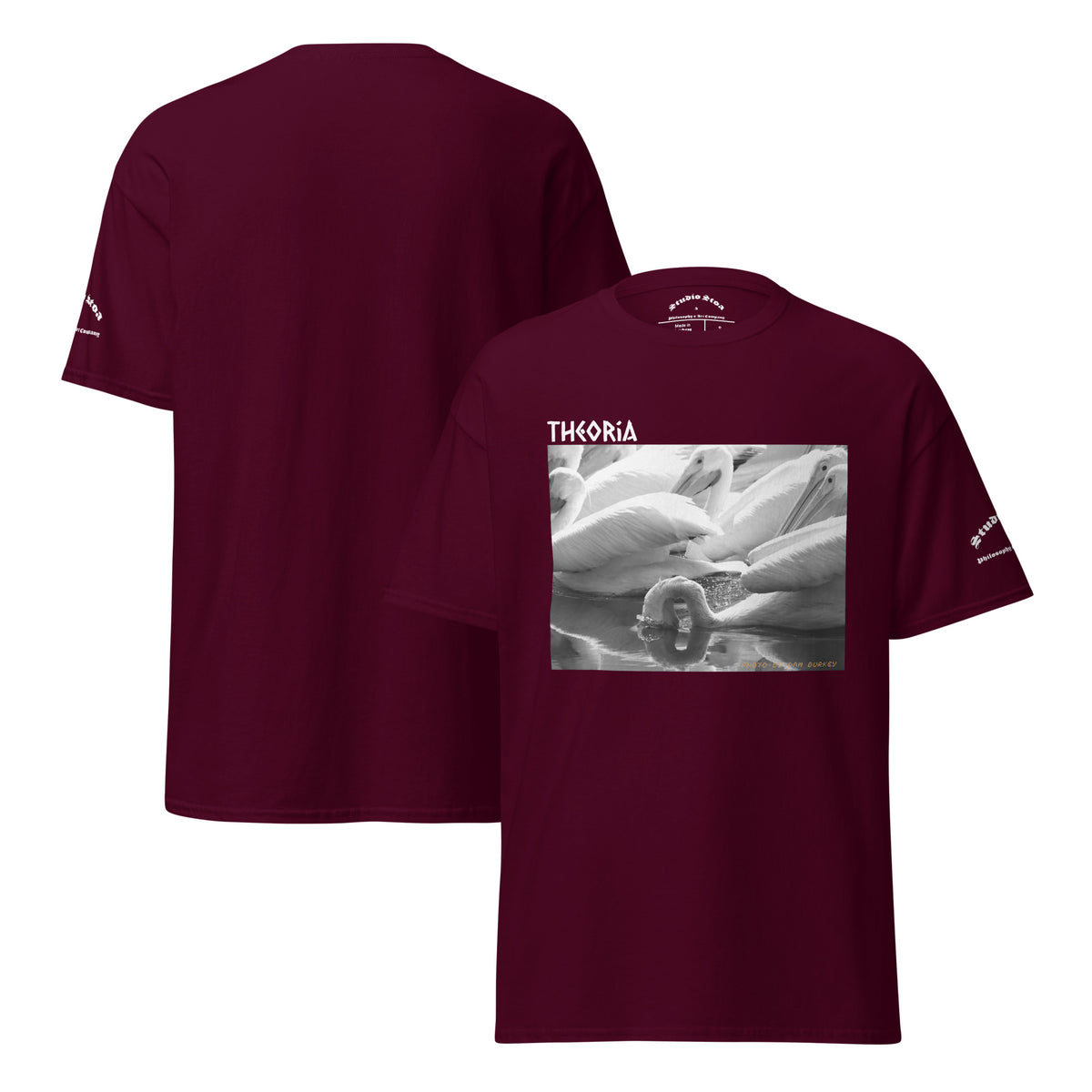 Front and back views of a maroon short-sleeve t-shirt. The front features a black and white graphic print of pelicans with the word 'THEORIA' printed in white above it.