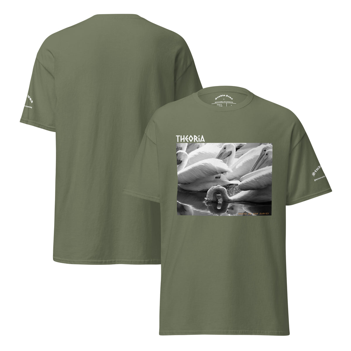 Front and back views of a olive green short-sleeve t-shirt. The front features a black and white graphic print of pelicans with the word 'THEORIA' printed in white above it.