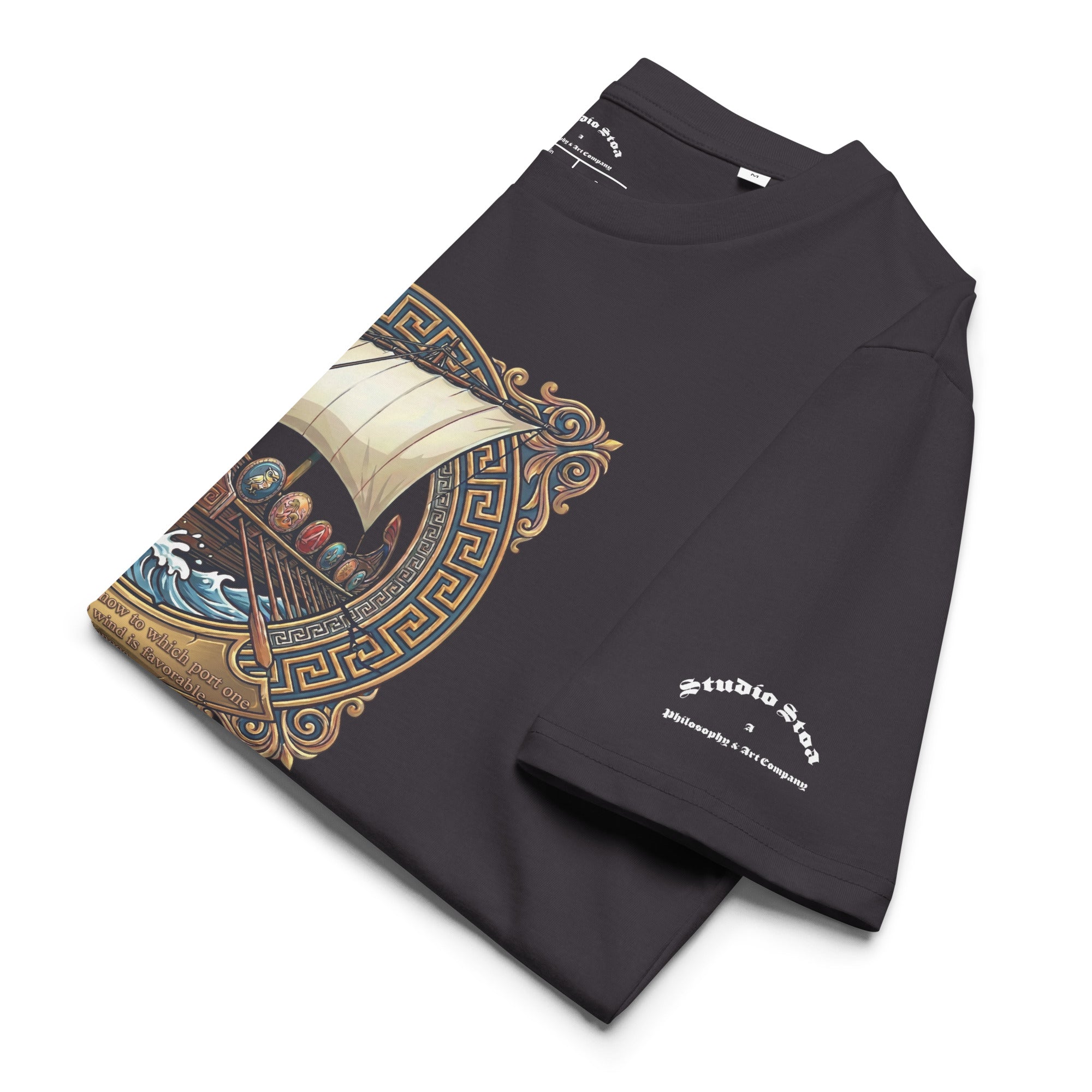 Seneca quote black tee with ship graphic folded in charcoal