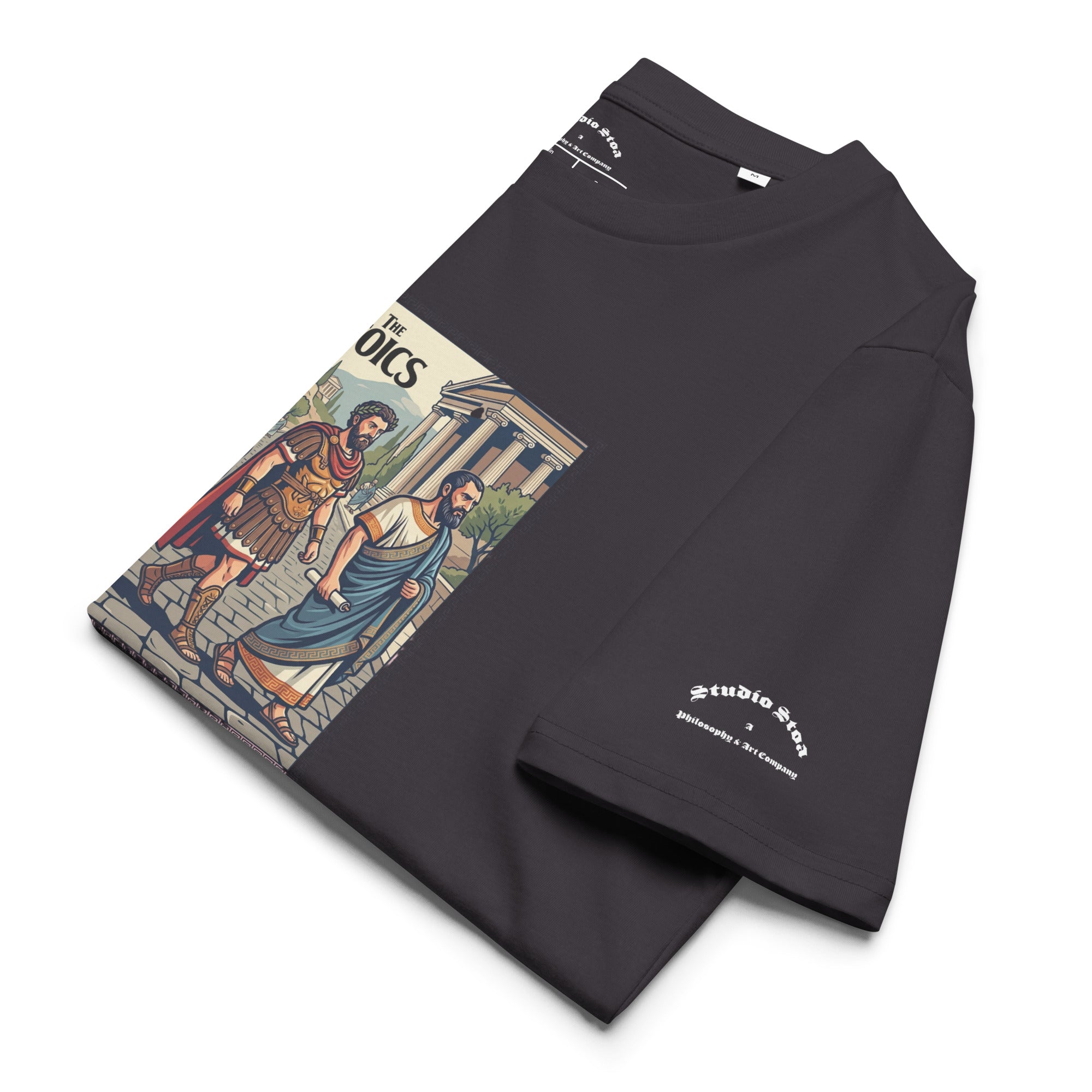 Charcoal folded t-shirt with a graphic of ancient philosophers and 'The Stoics' text on a white background
