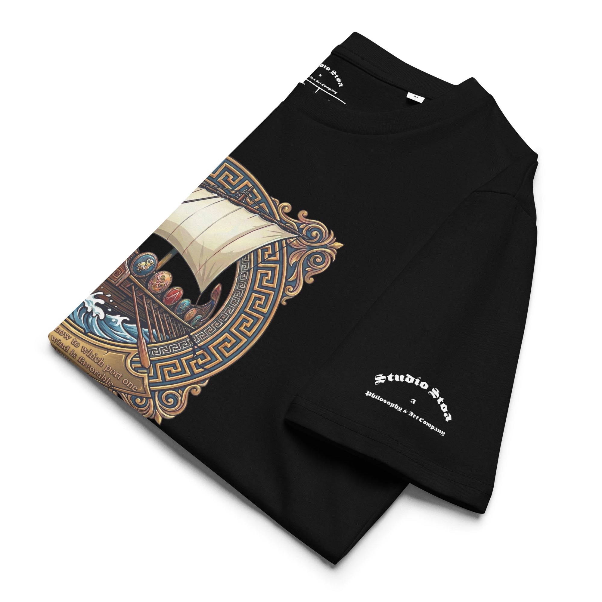 Seneca quote black tee with ship graphic folded in black