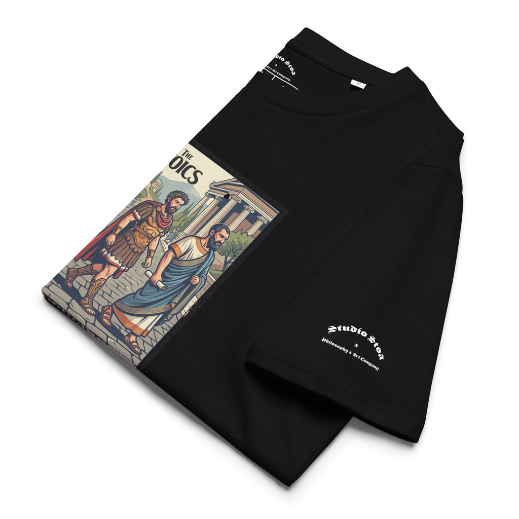 Black folded t-shirt with a graphic of ancient philosophers and 'The Stoics' text on a white background