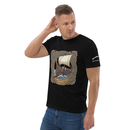 Male model wearing a black tee with ship graphic and a quote from Seneca facing front left