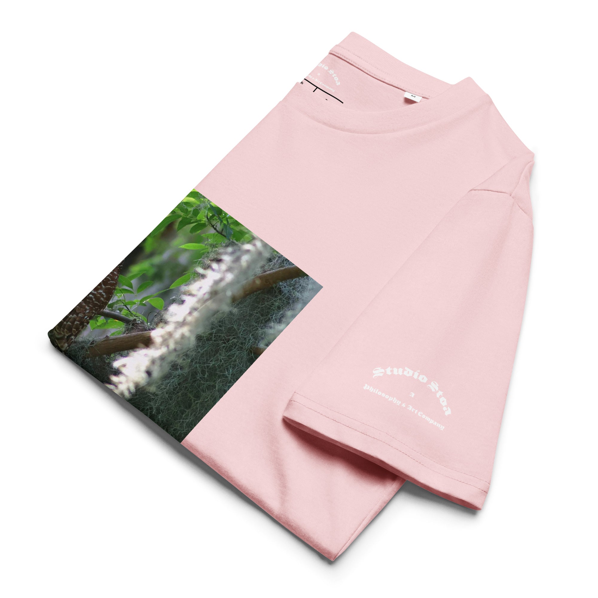 Theoria Barred Owl graphic tee pink organic cotton front view folded