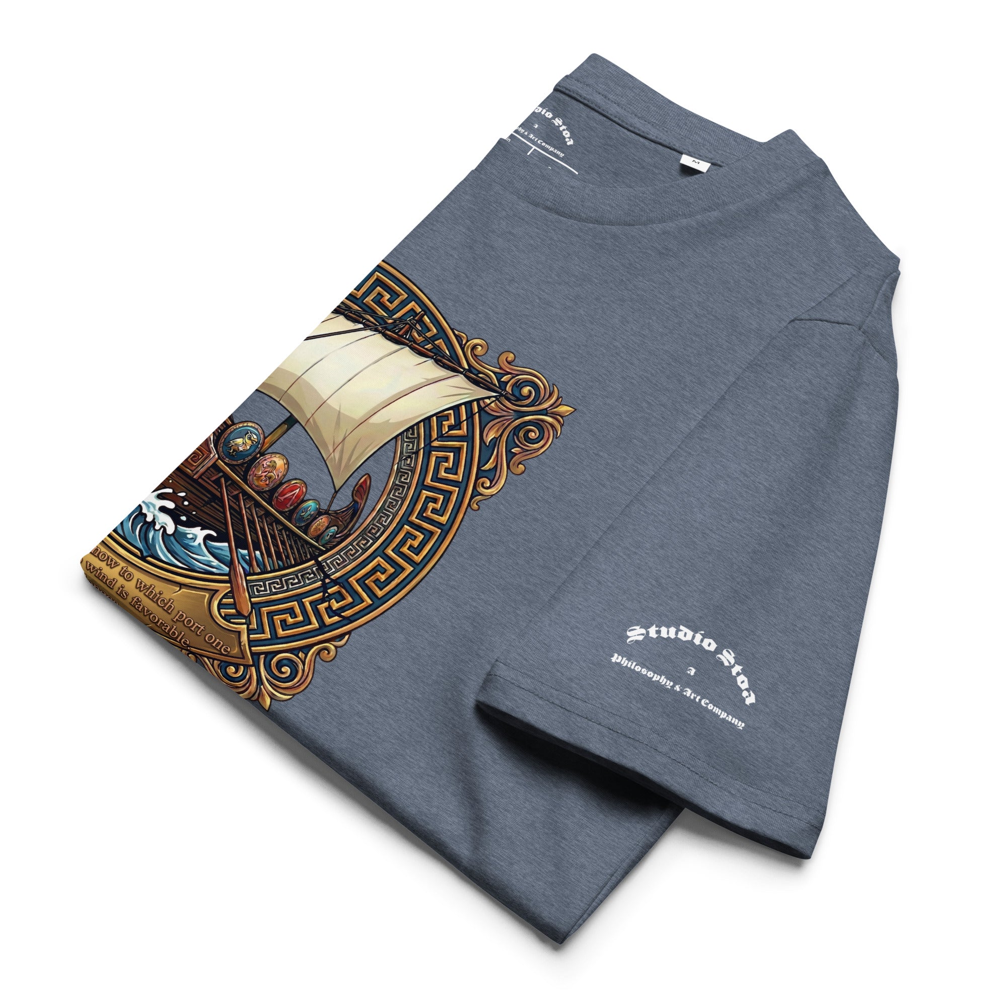 Seneca quote black tee with ship graphic folded in gray-blue