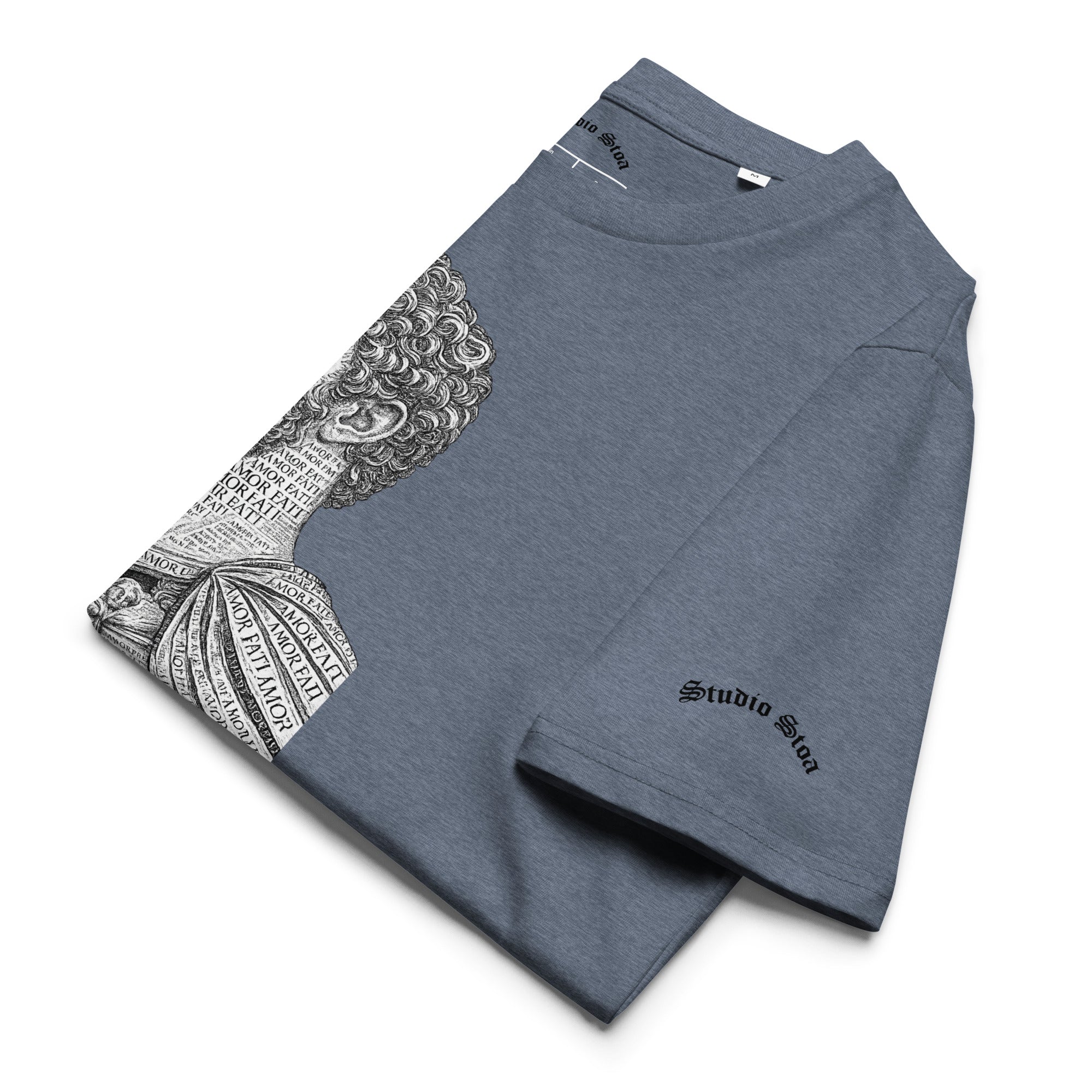 Amor Fati Marcus Aurelius graphic tee dark heather blue organic cotton front view folded