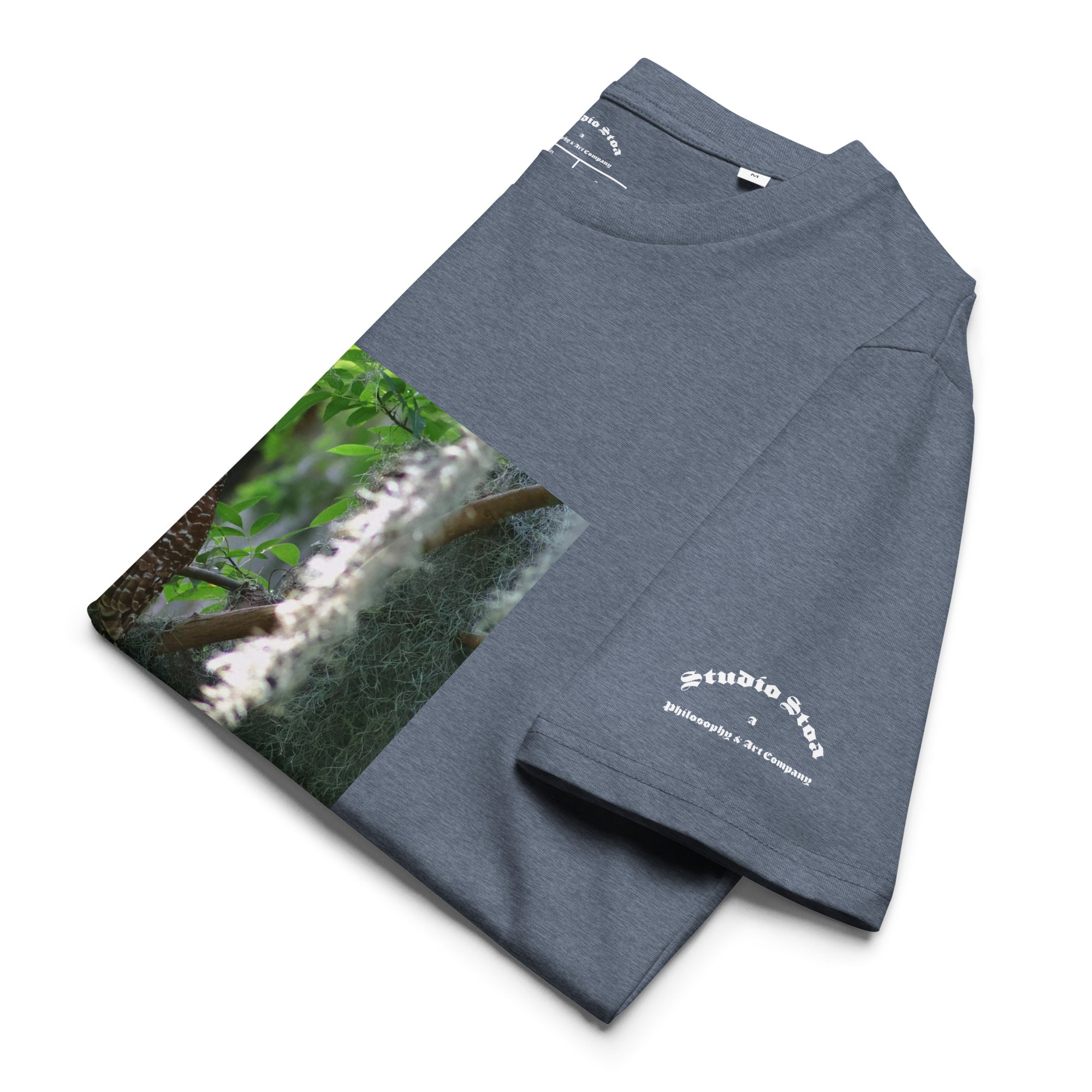 Theoria Barred Owl graphic tee dark heather blue organic cotton front view folded