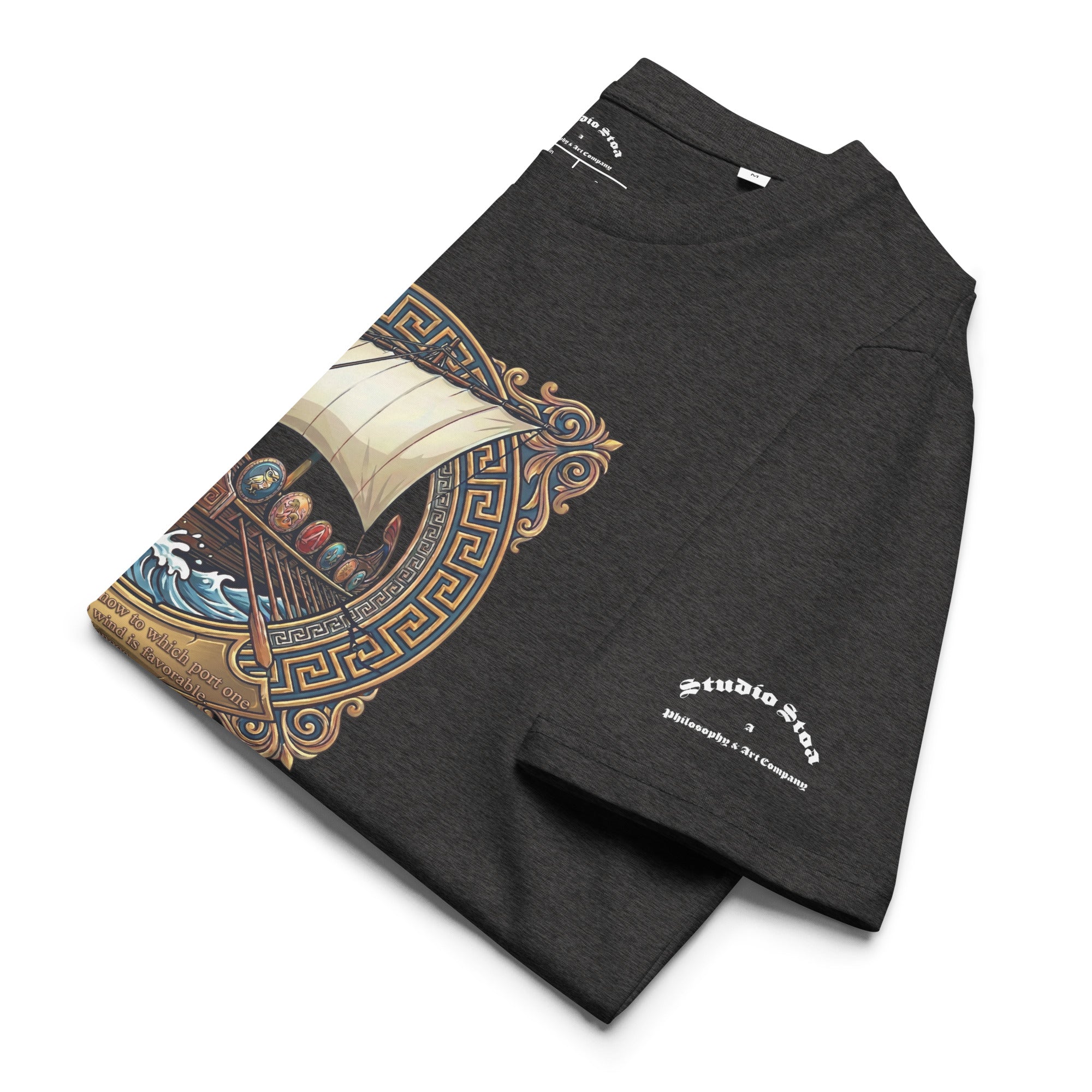 Seneca quote black tee with ship graphic folded in gray