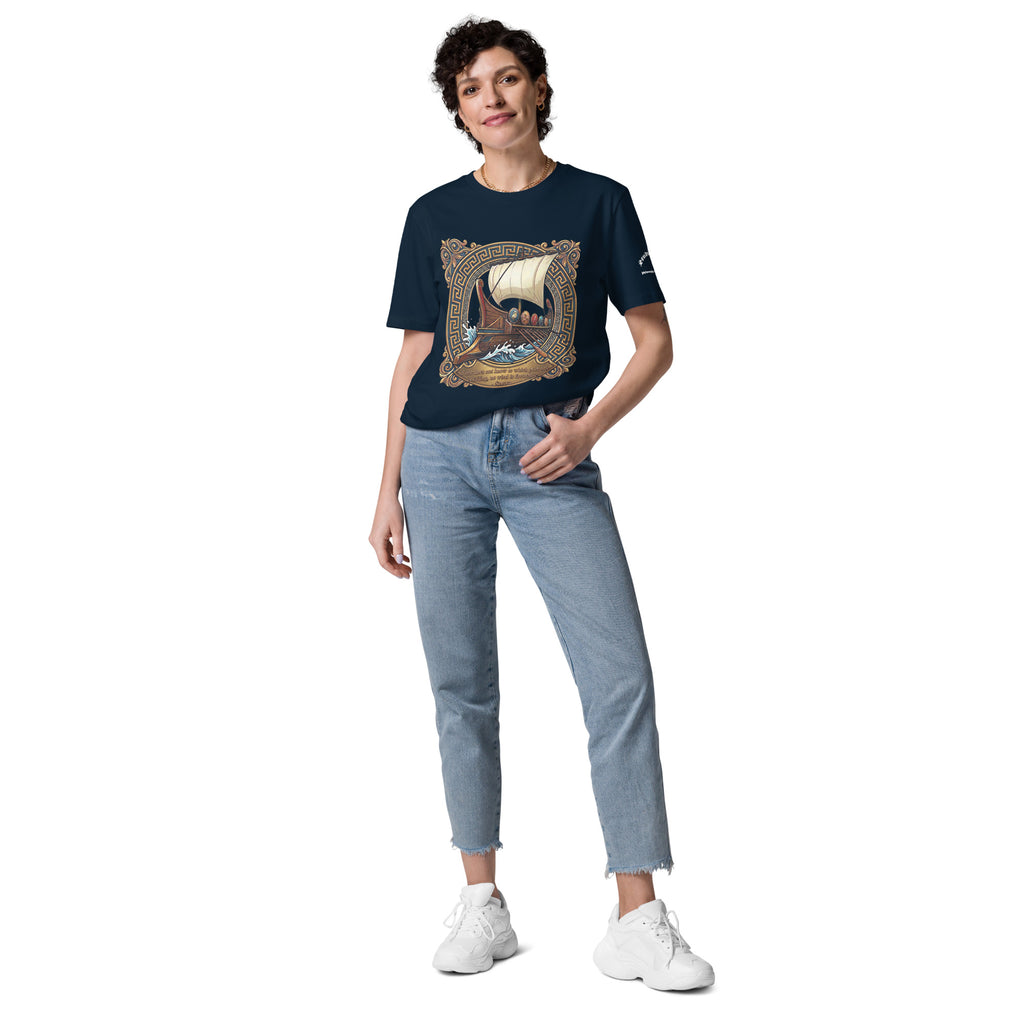 Female model wearing a navy blue tee with ship graphic and a quote from Seneca