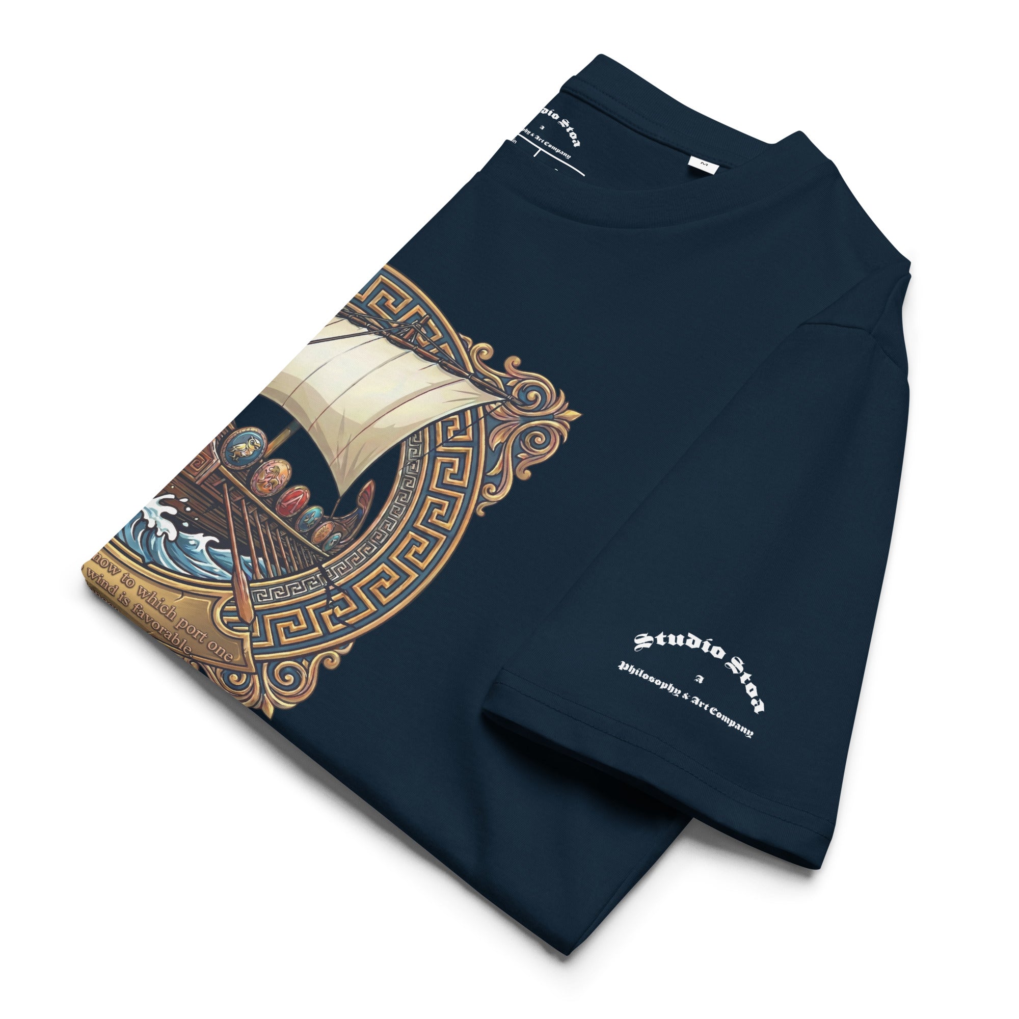 Seneca quote black tee with ship graphic folded in navy blue