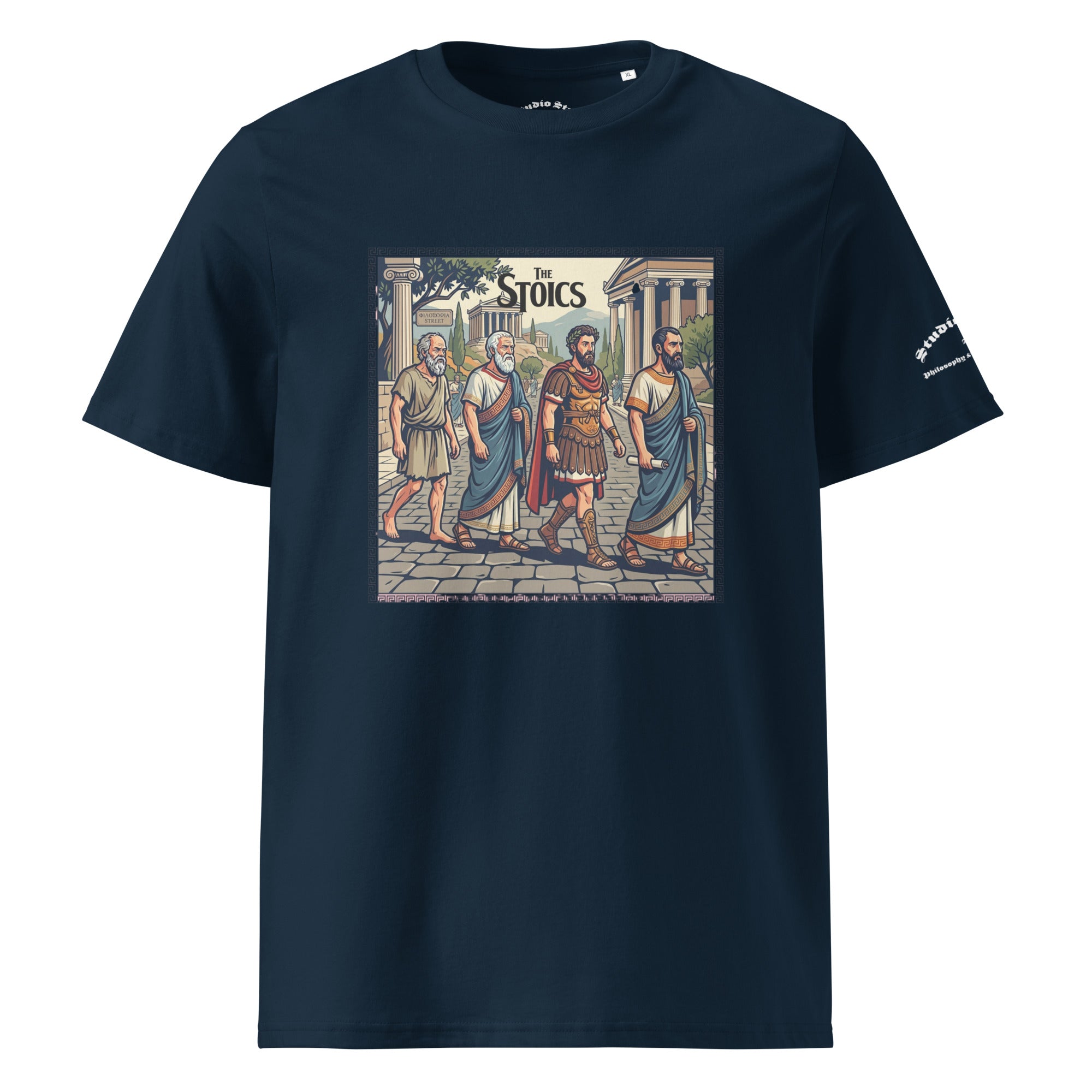 Navy blue t-shirt with a graphic of ancient philosophers and 'The Stoics' text on a white background