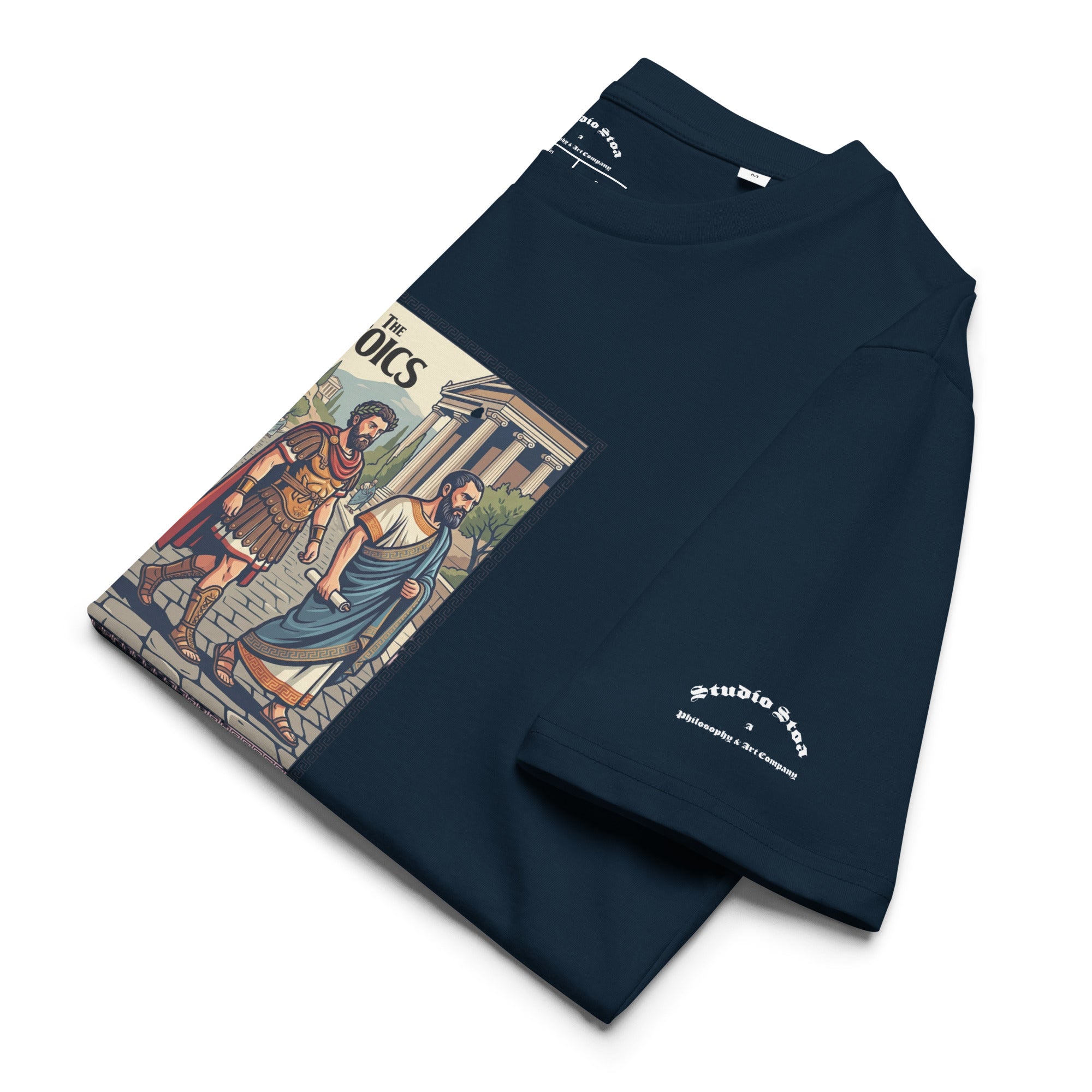 Navy blue folded t-shirt with a graphic of ancient philosophers and 'The Stoics' text on a white background