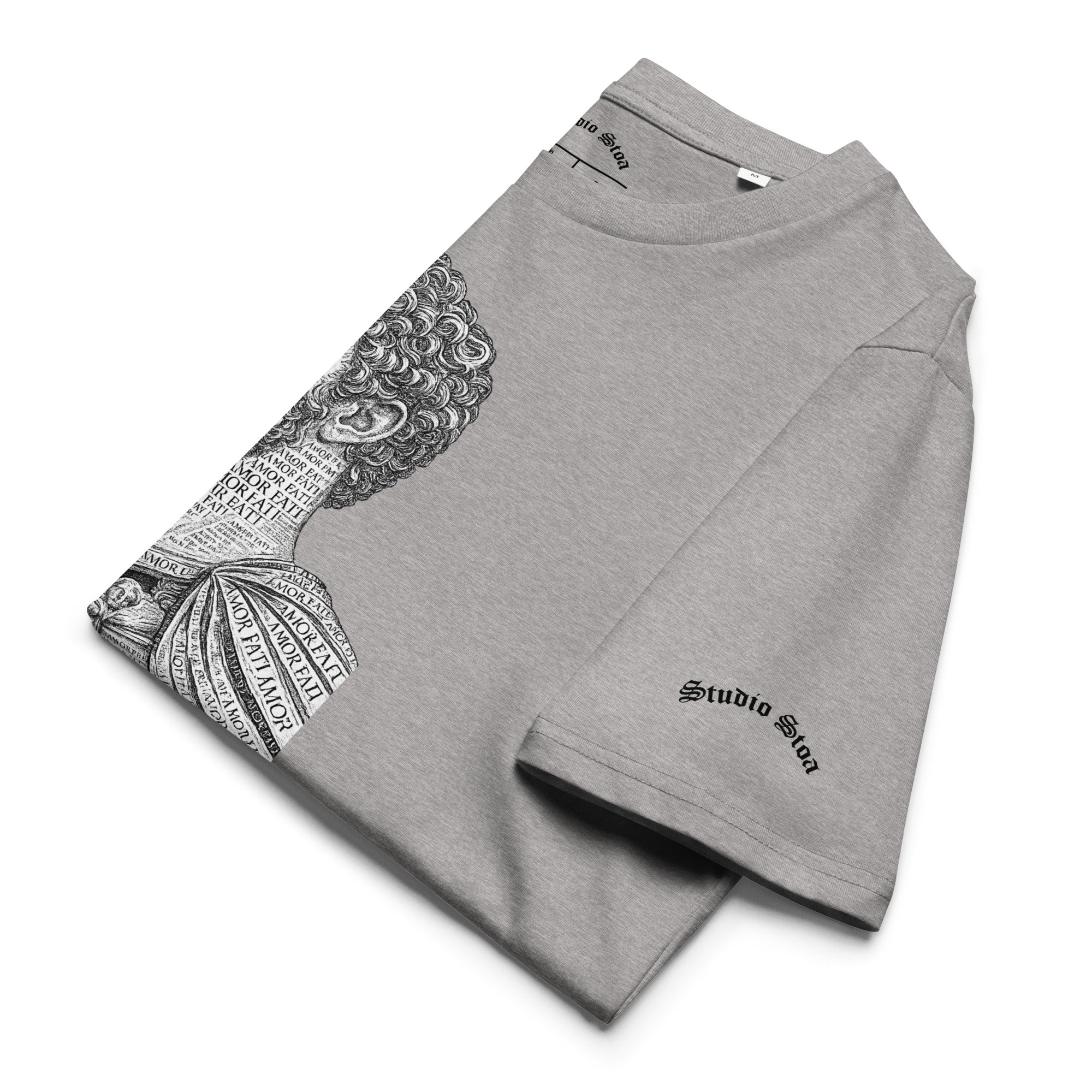 Amor Fati Marcus Aurelius graphic tee heather grey organic cotton front view folded