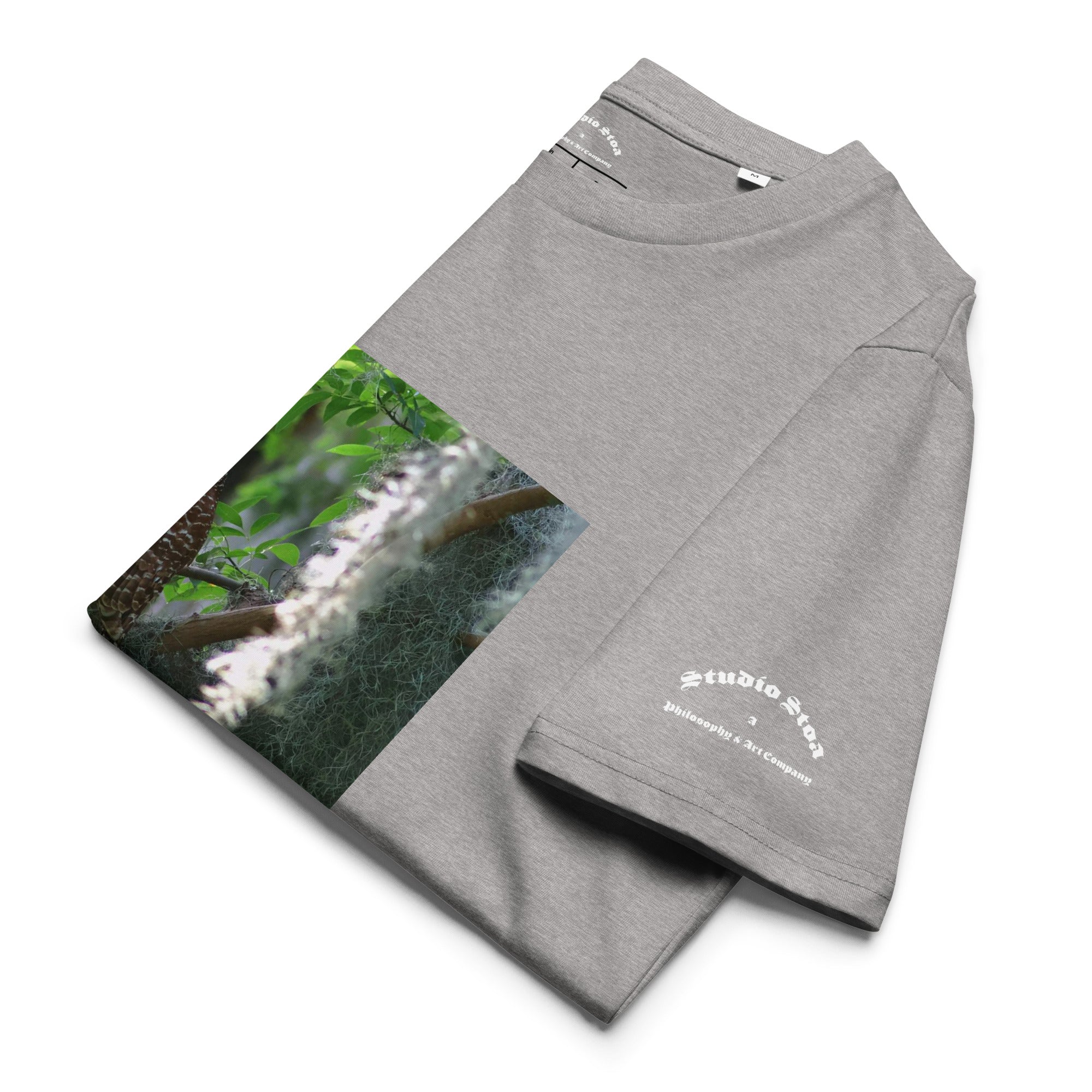Theoria Barred Owl graphic tee heather grey organic cotton front view folded