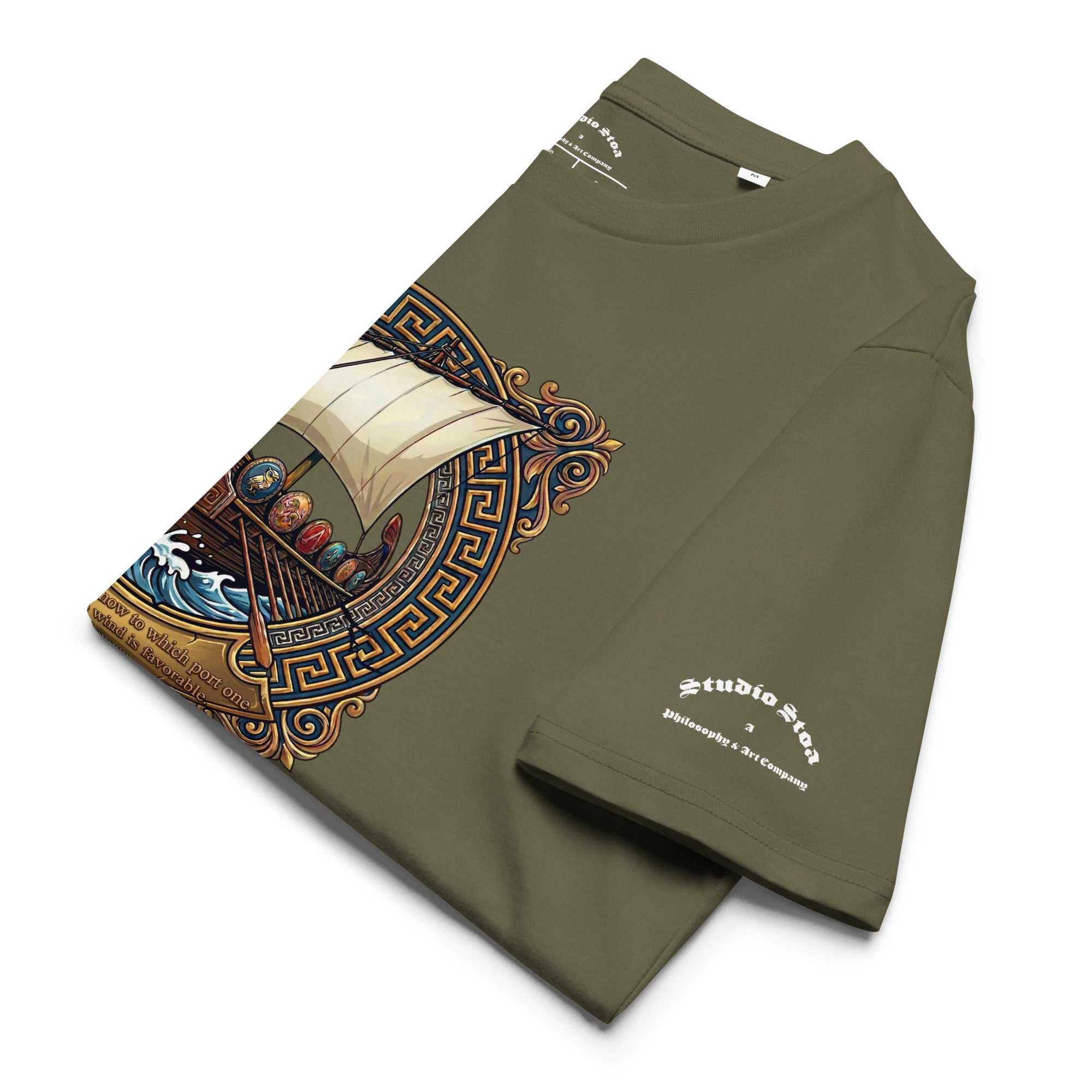 Seneca quote black tee with ship graphic folded in olive green