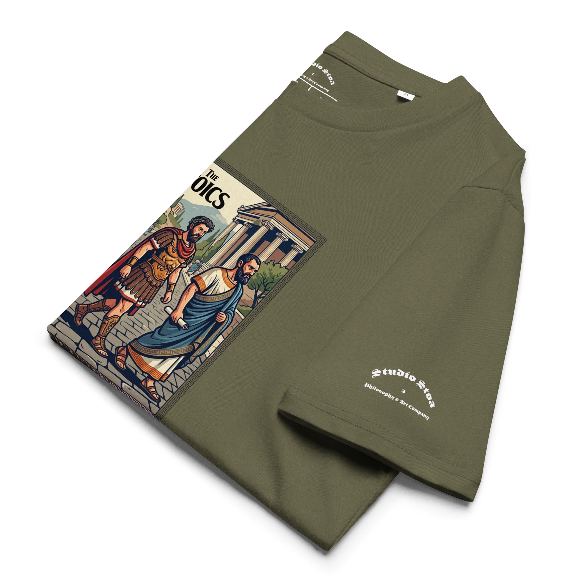 olive green t-shirt with a graphic of ancient philosophers and 'The Stoics' text on a white background