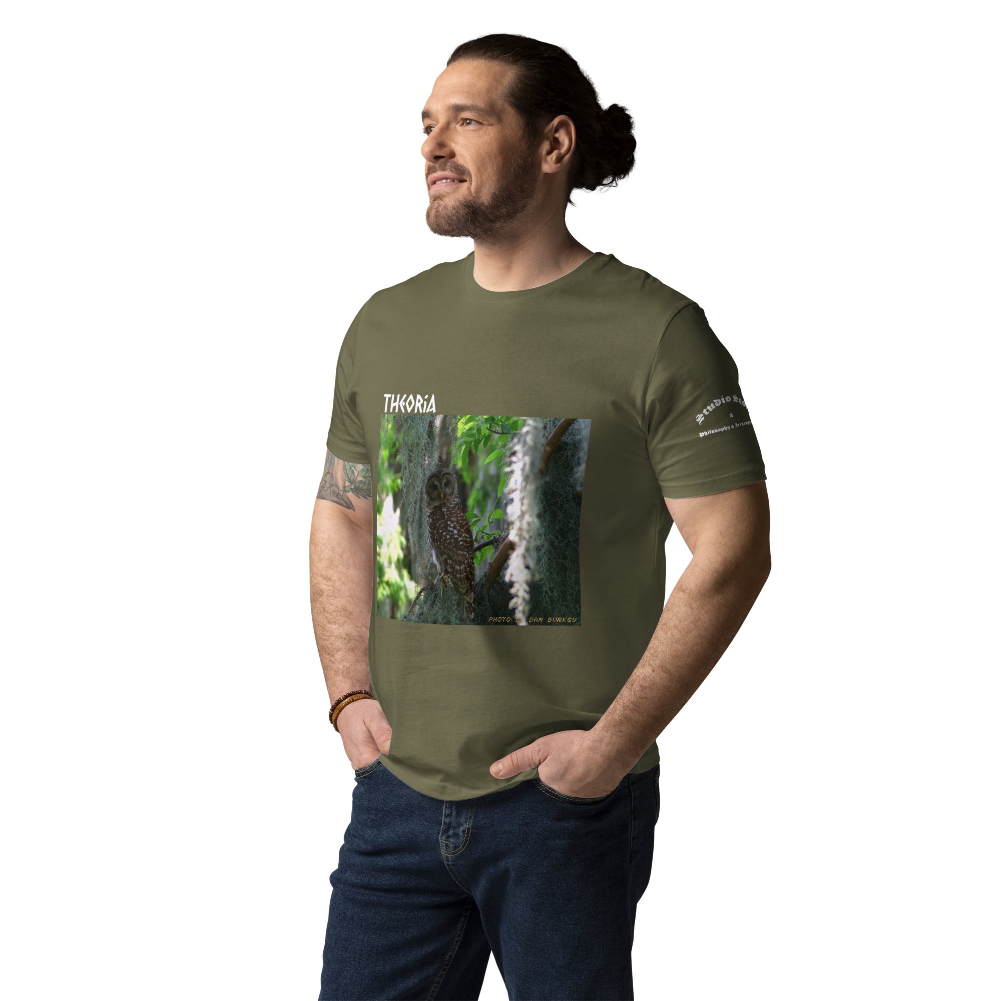 Theoria Barred Owl graphic tee khaki organic cotton front view