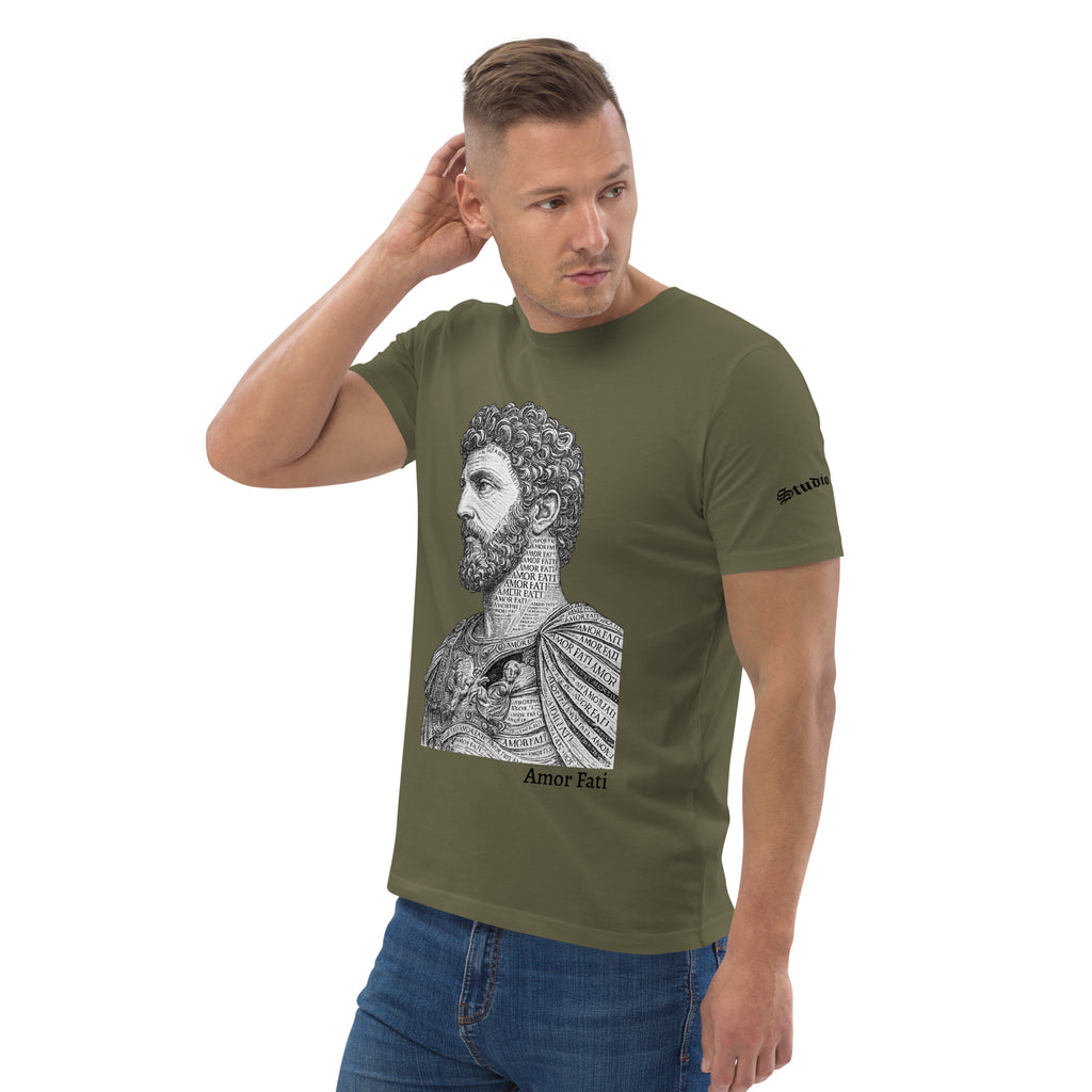 Amor Fati Marcus Aurelius graphic tee khaki organic cotton left front view