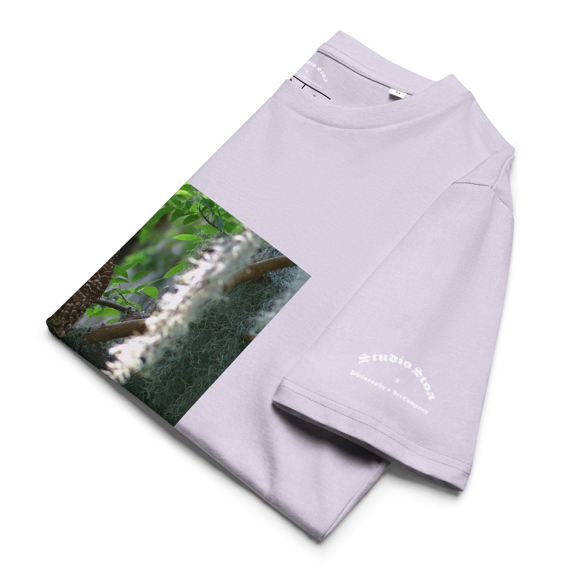 Theoria Barred Owl graphic tee lavender organic cotton front view folded