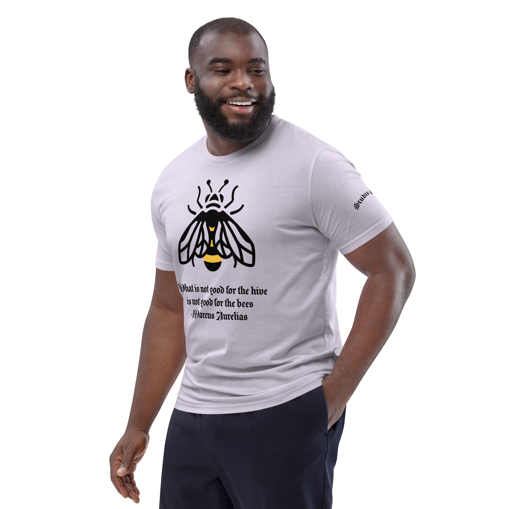 Marcus Aurelius Quote graphic tee lavender organic cotton left front view