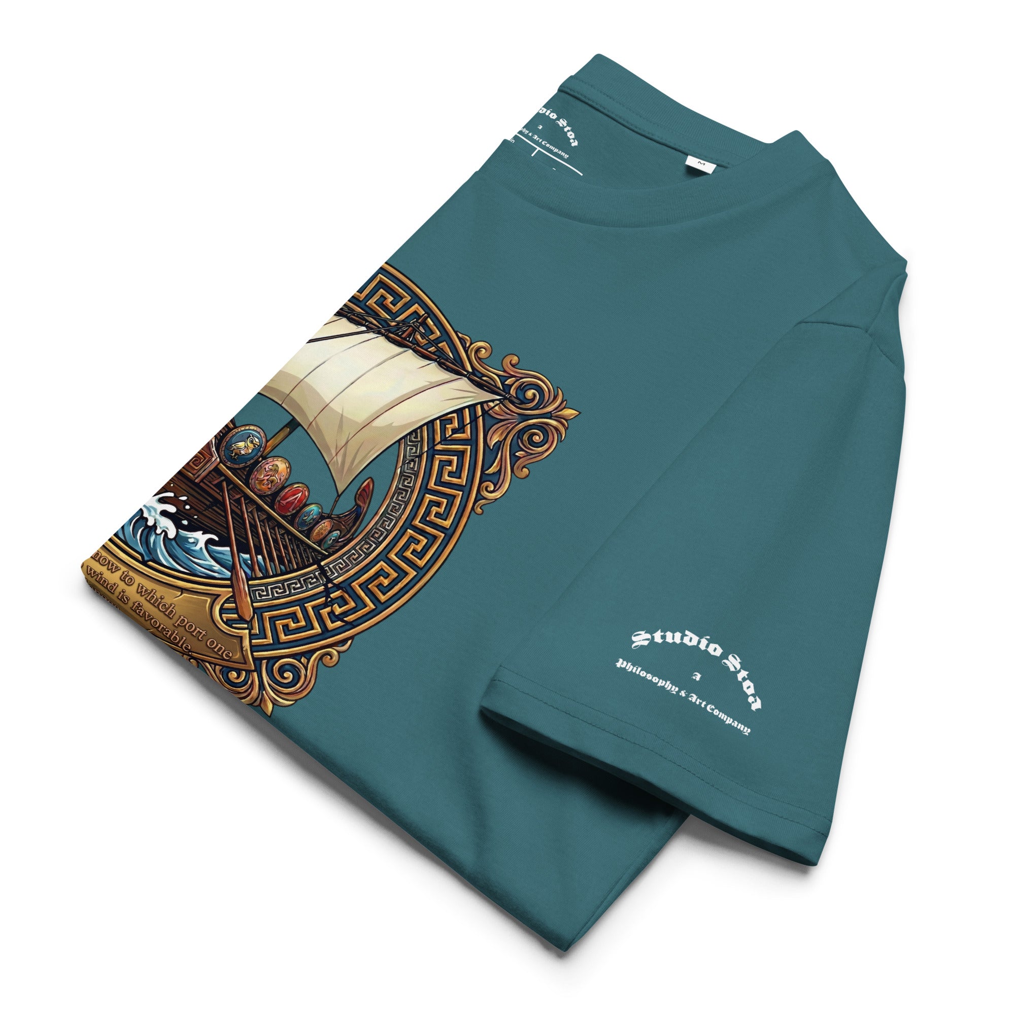Seneca quote black tee with ship graphic folded in teal