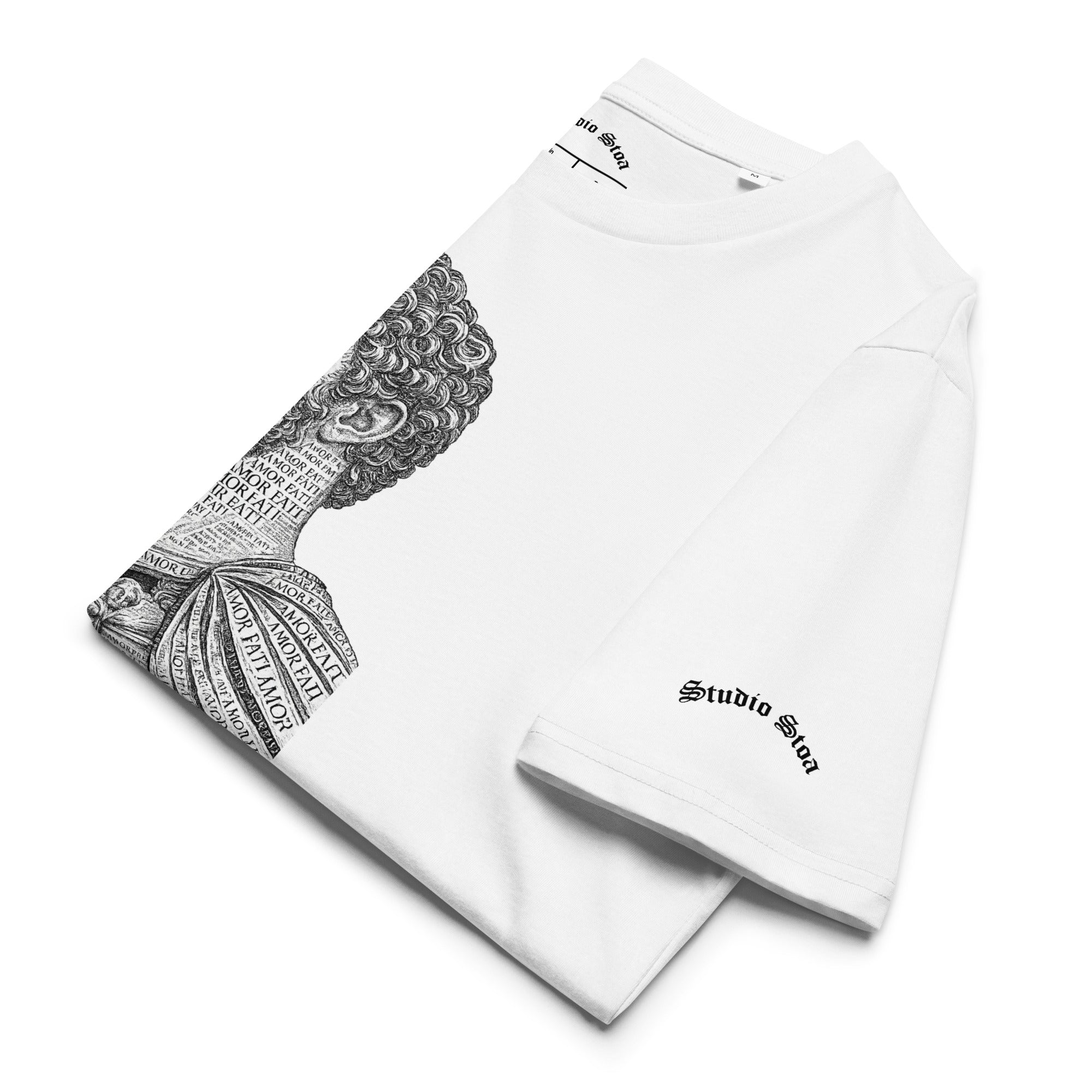 Amor Fati Marcus Aurelius graphic tee white organic cotton front view folded