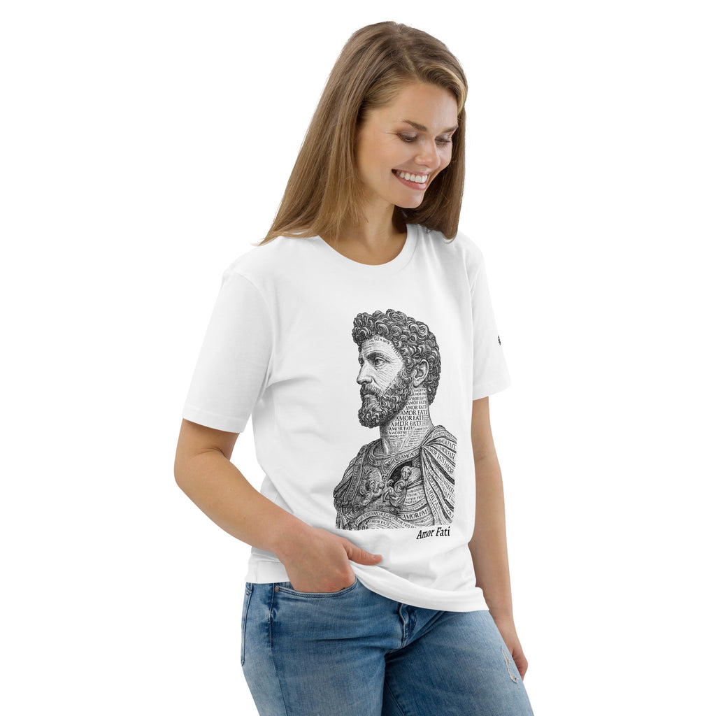 Amor Fati Marcus Aurelius graphic tee white organic cotton right front view